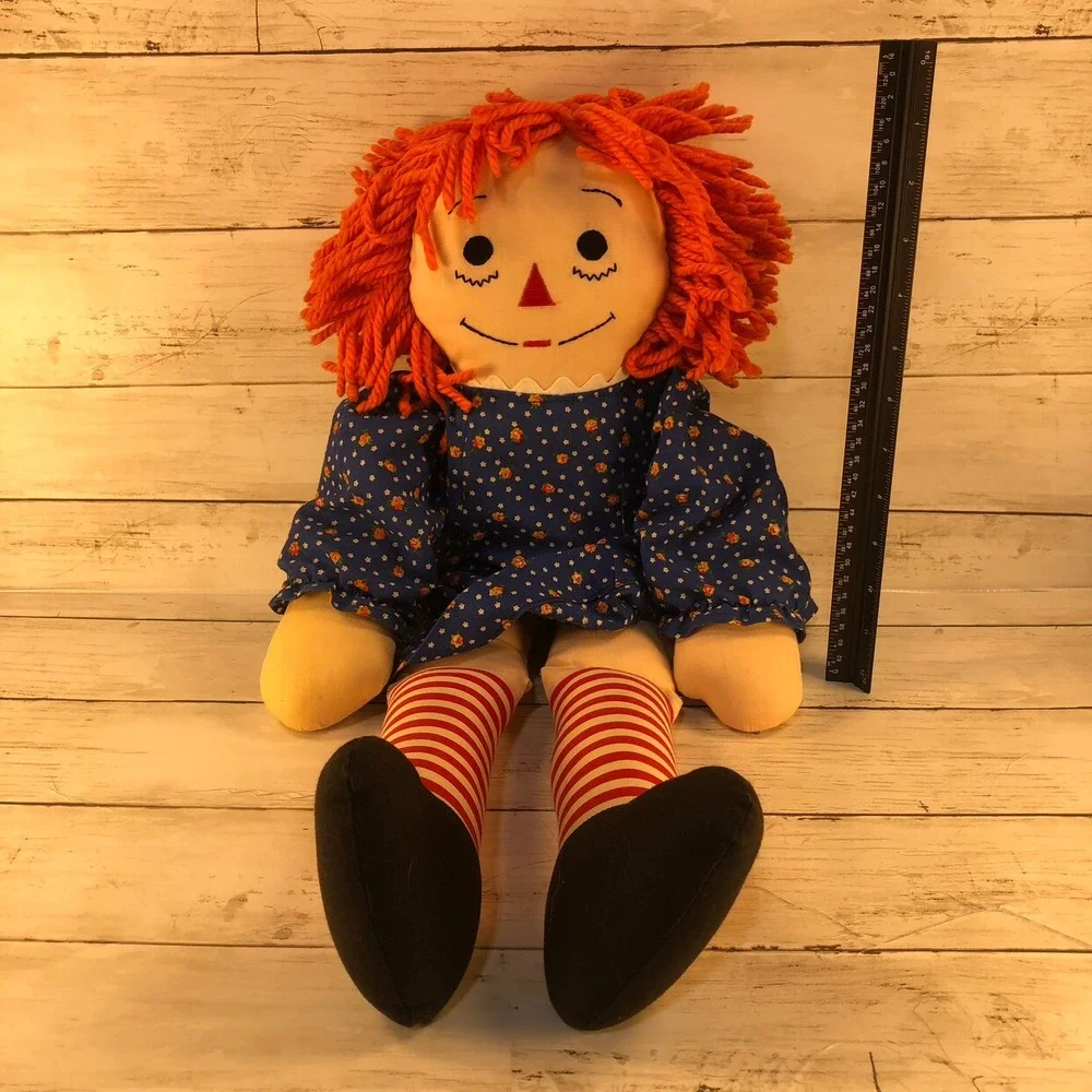 Handmade Raggedy Ann Plush Doll 18 Inch Orange Yarn Hair Blue Floral Dress Heart